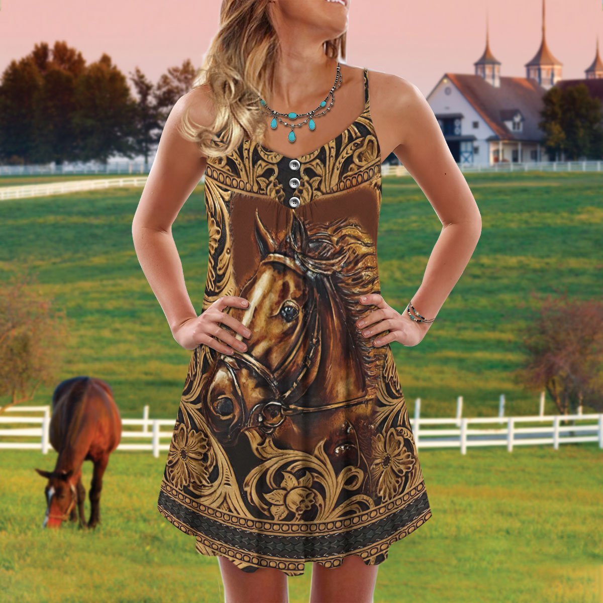 Horse Vintage V-Neck Sleeveless Cami Dress For Travel And Comfortable Summer Styling