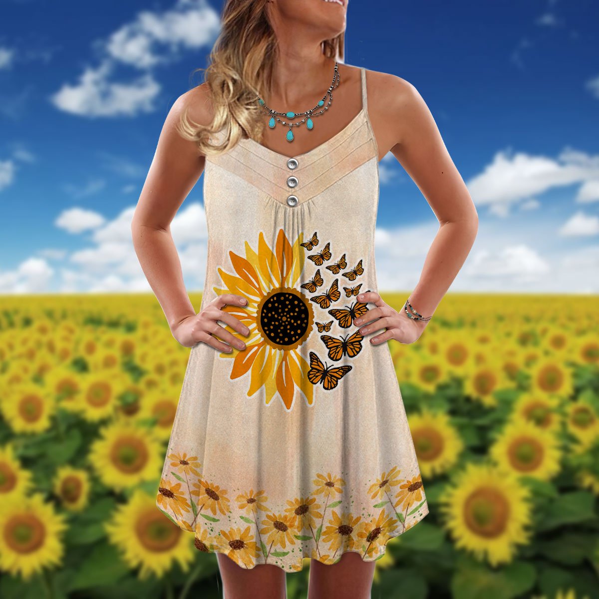 Butterfly And Sunflower Loves V-Neck Sleeveless Cami Dress For Floral Vacations And Casual Everyday Style