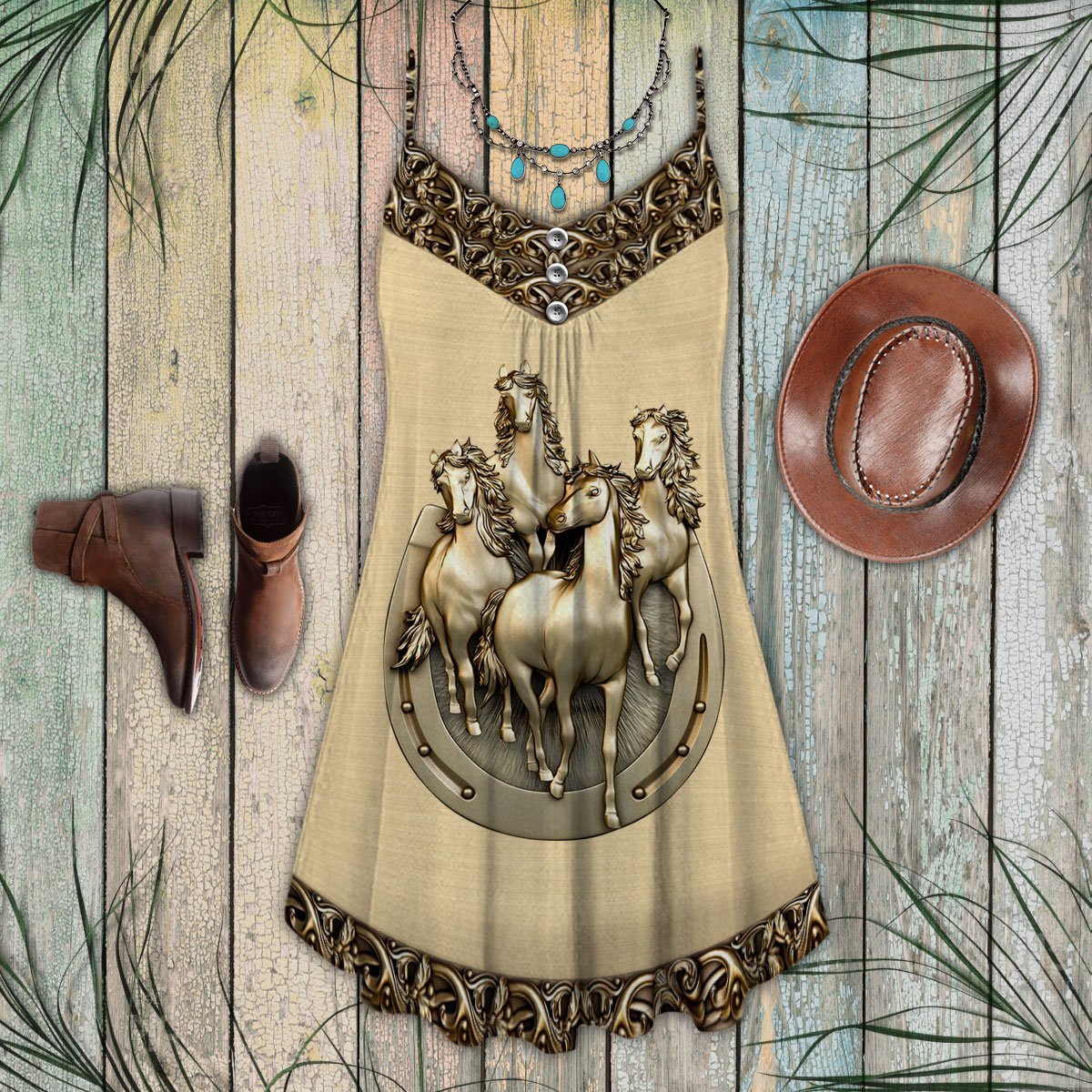 Horse Golden V-Neck Sleeveless Cami Dress For Festivals And Relaxed Daily Fashion