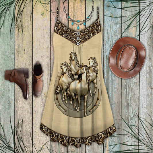 Golden Horse V-Neck Sleeveless Cami Dress For Travel And Comfortable Summer Styling