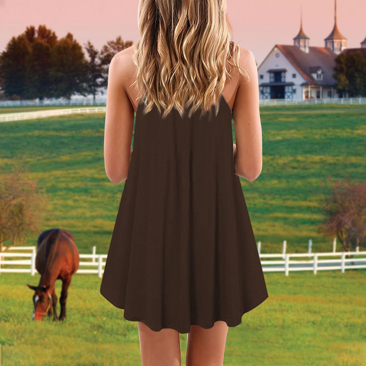 Horse Definition V-Neck Sleeveless Cami Dress For Vacations And Playful Everyday Style