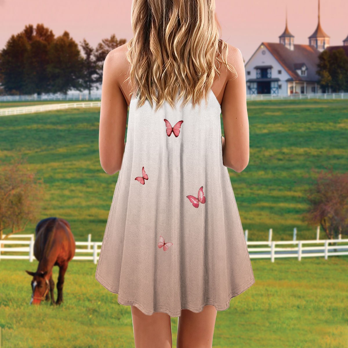White Horse Beauty V-Neck Sleeveless Cami Dress For Vacations And Playful Everyday Style
