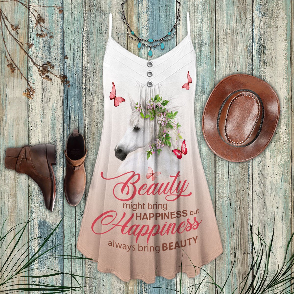 Horse Beauty Butterfly V-Neck Sleeveless Cami Dress For Nature Lovers And Thoughtful Gifting