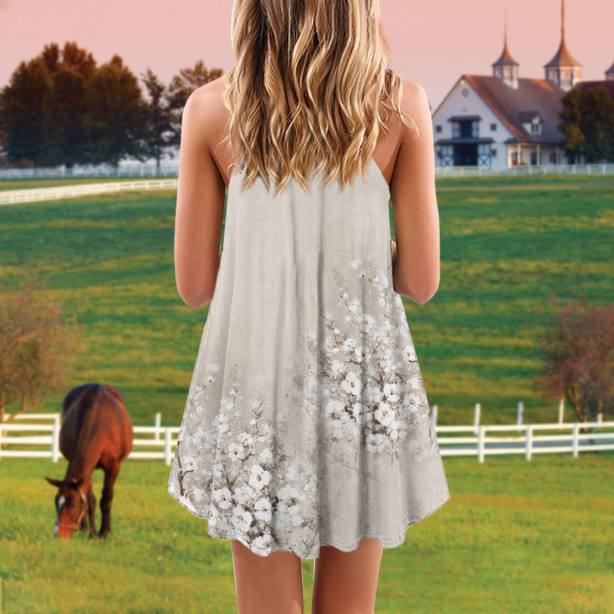 White Horse Stand Out V-Neck Sleeveless Cami Dress For Beach Trips And Charming Warm Weather Outfits