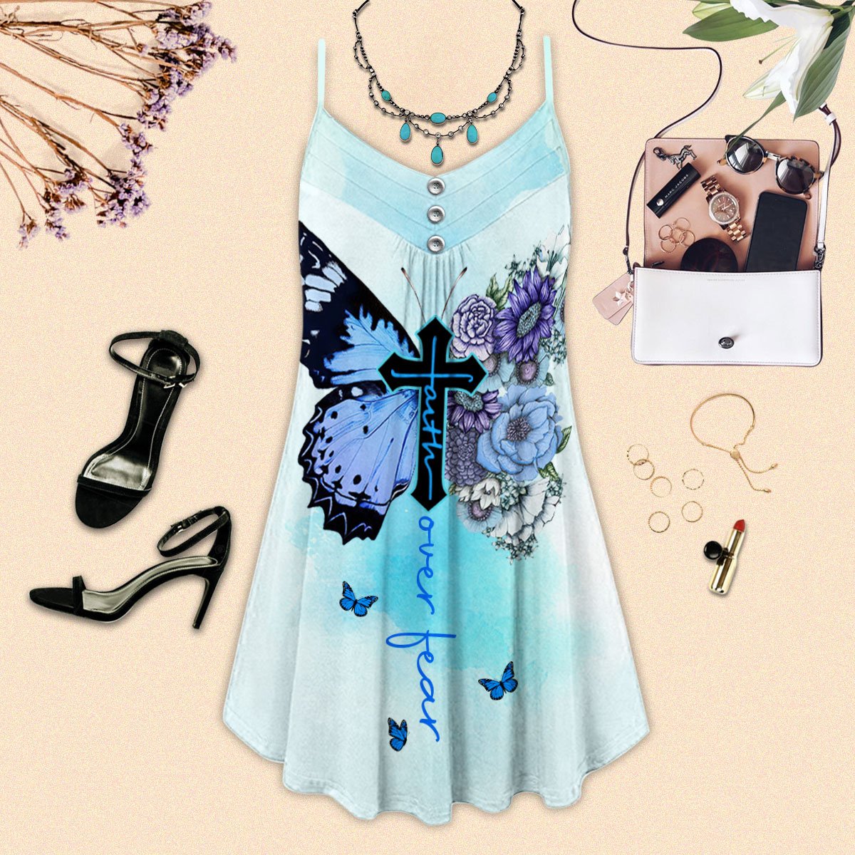 Blue Butterfly Faith V-Neck Sleeveless Cami Dress For Travel And Comfortable Botanical Styling