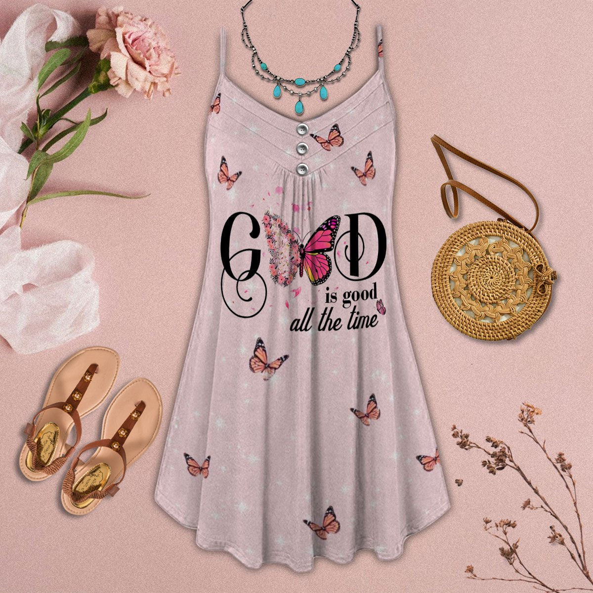 Butterfly Faith V-Neck Sleeveless Cami Dress For Floral Vacations And Casual Everyday Style