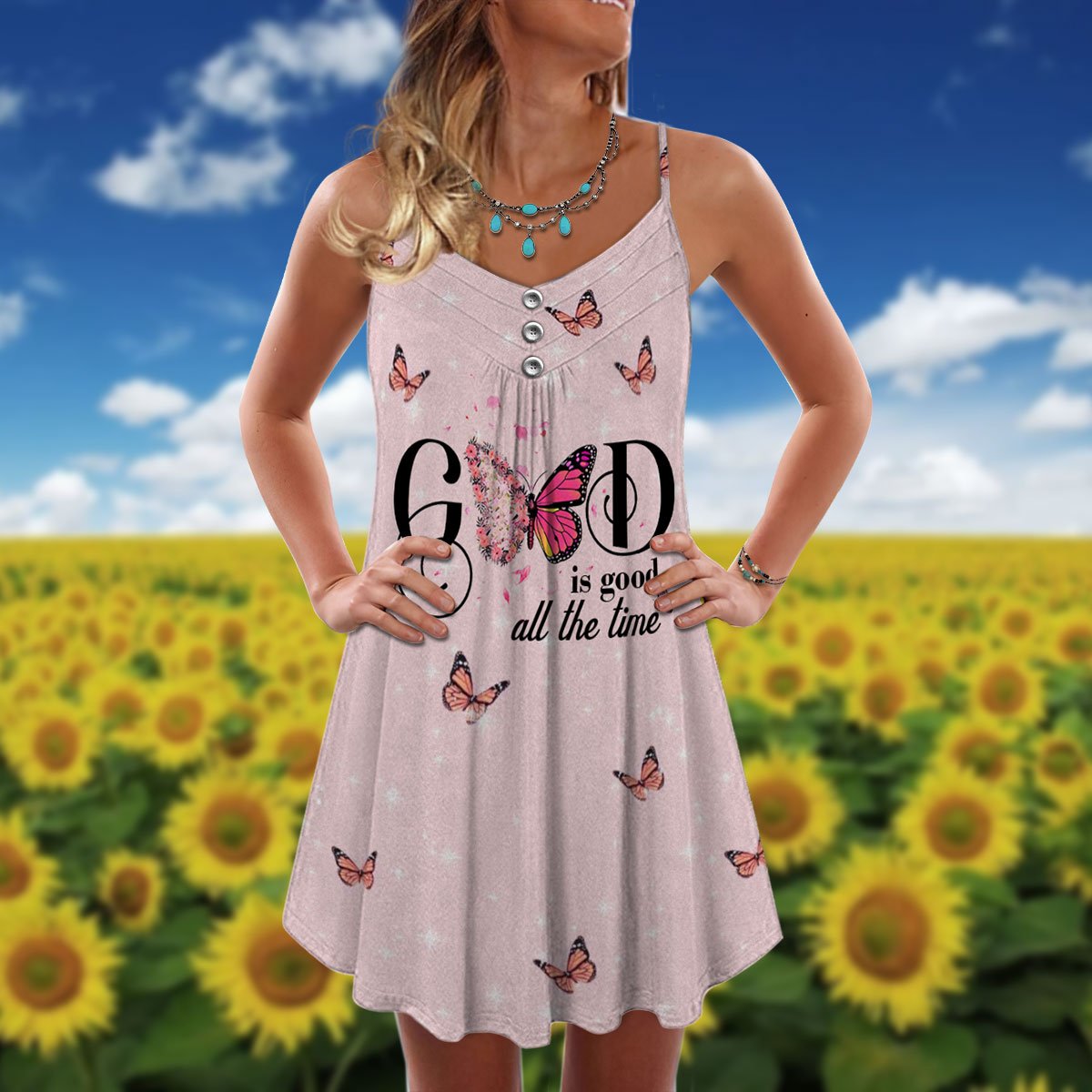 Butterfly Faith V-Neck Sleeveless Cami Dress For Floral Vacations And Casual Everyday Style