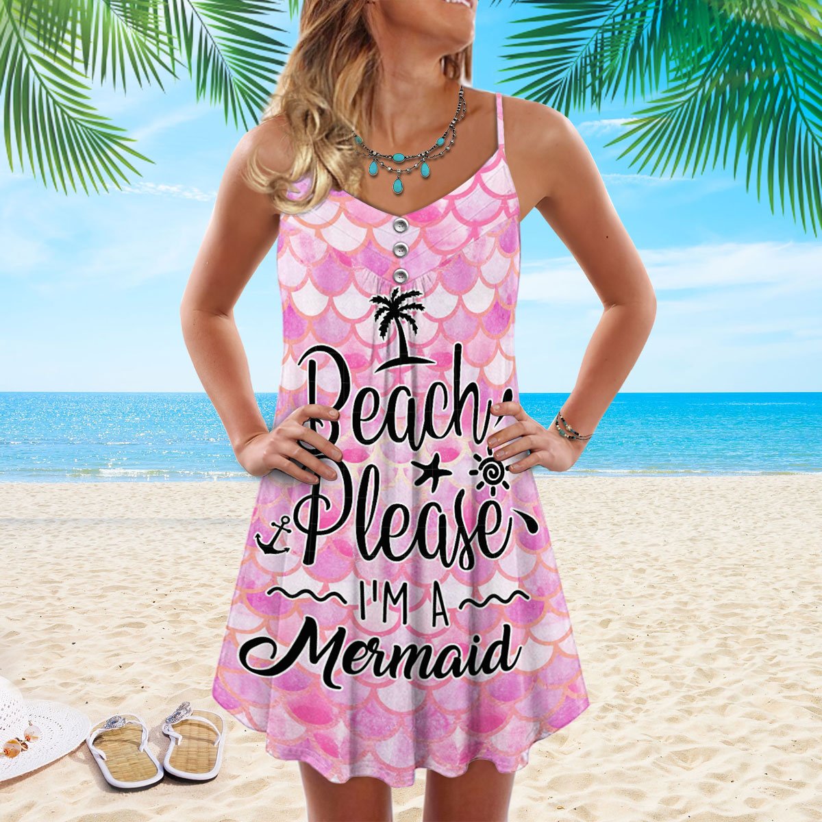 Mermaid Beach Please V-Neck Sleeveless Cami Dress For Island Holidays And Thoughtful Gifting