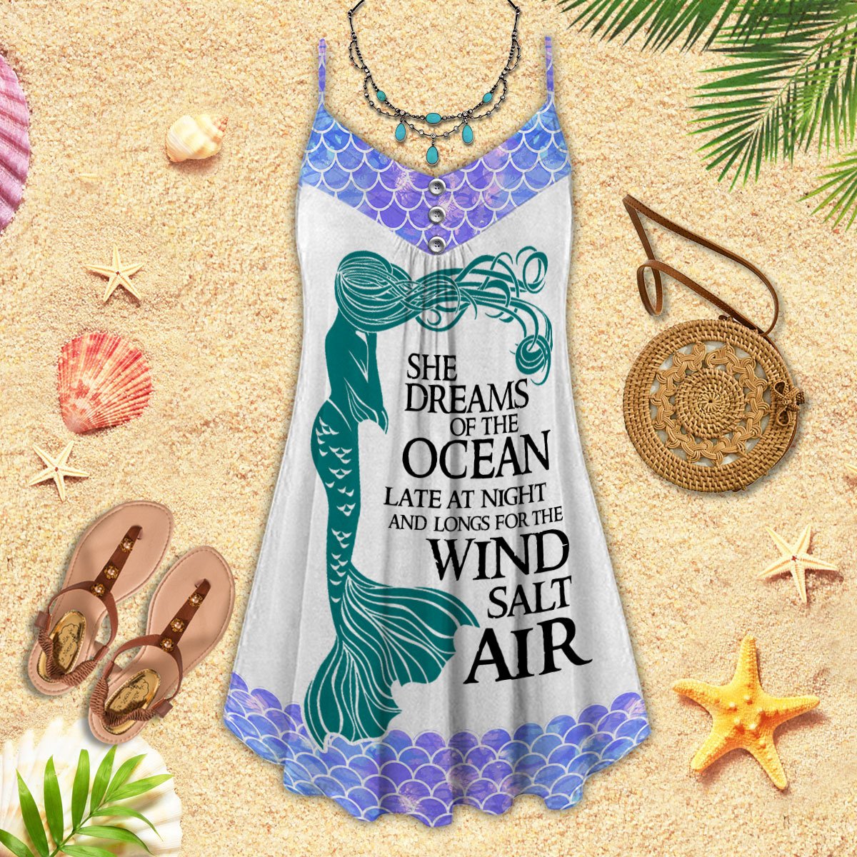 Mermaid Dream V-Neck Sleeveless Cami Dress For Coastal Travel And Relaxed Summer Wear