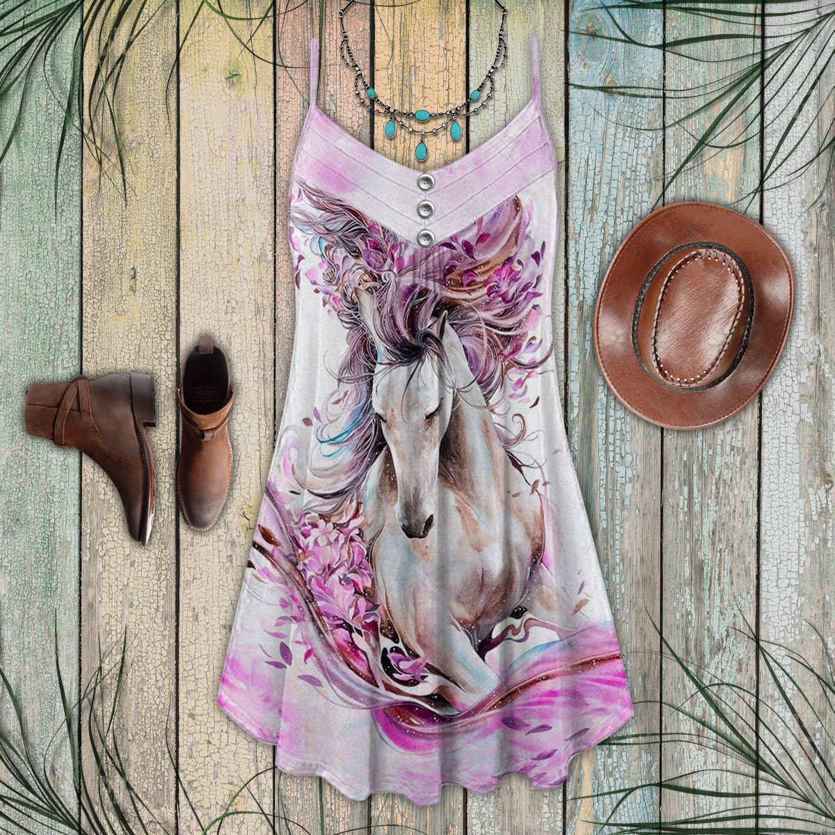 Pink Horse V-Neck Sleeveless Cami Dress For Outdoor Events And Thoughtful Gifting