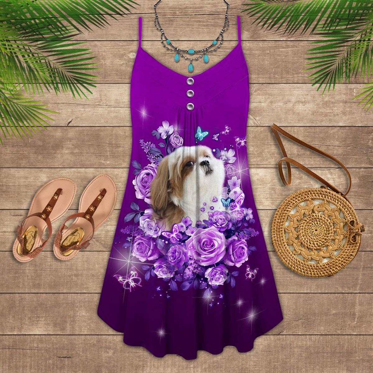 Purple Rose Butterfly Shih Tzu V-Neck Sleeveless Cami Dress For Nature Lovers And Thoughtful Gifting