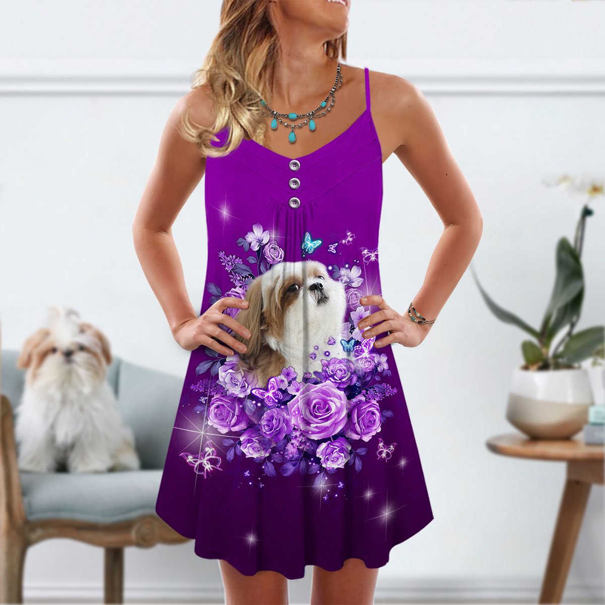 Purple Rose Butterfly Shih Tzu V-Neck Sleeveless Cami Dress For Nature Lovers And Thoughtful Gifting