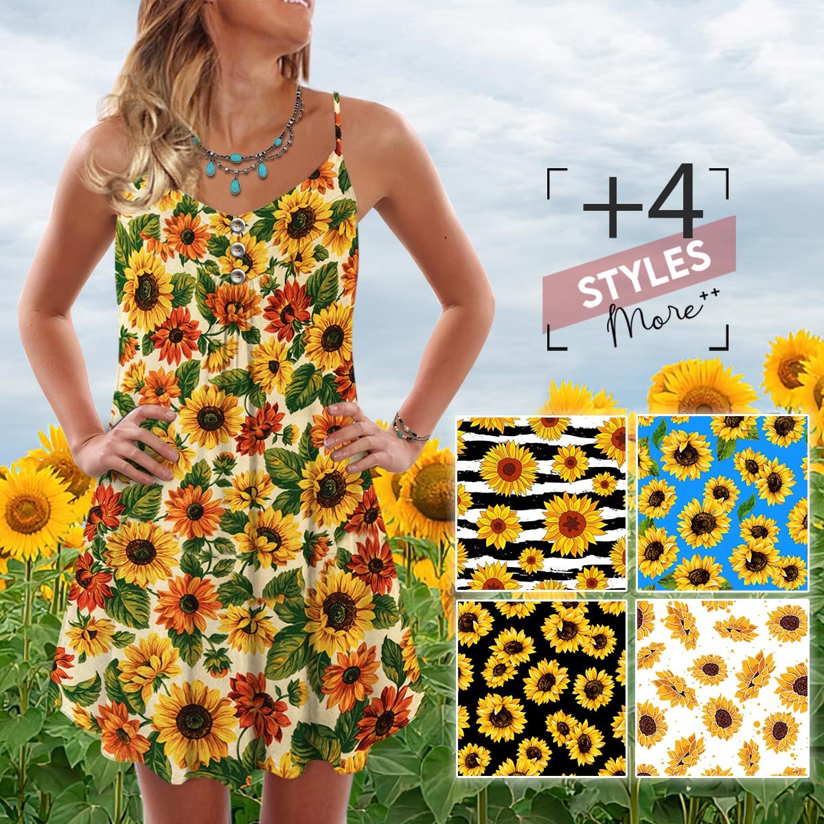 Artistic Sunflower V-Neck Sleeveless Cami Dress For Summer Events And Colorful Daily Fashion