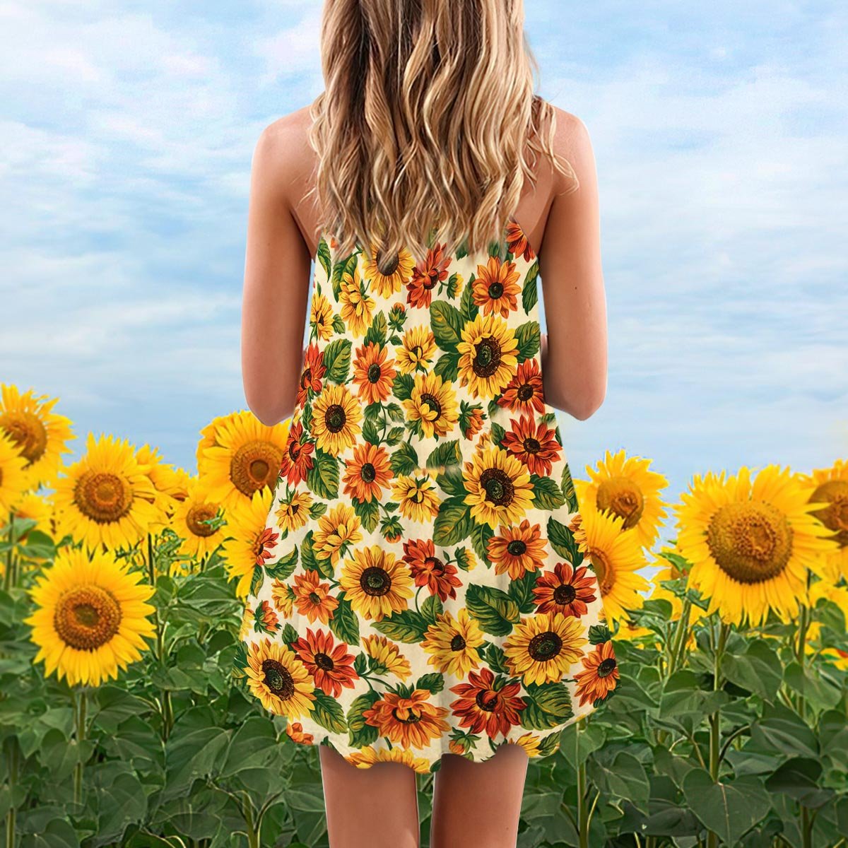 Artistic Sunflower V-Neck Sleeveless Cami Dress For Summer Events And Colorful Daily Fashion