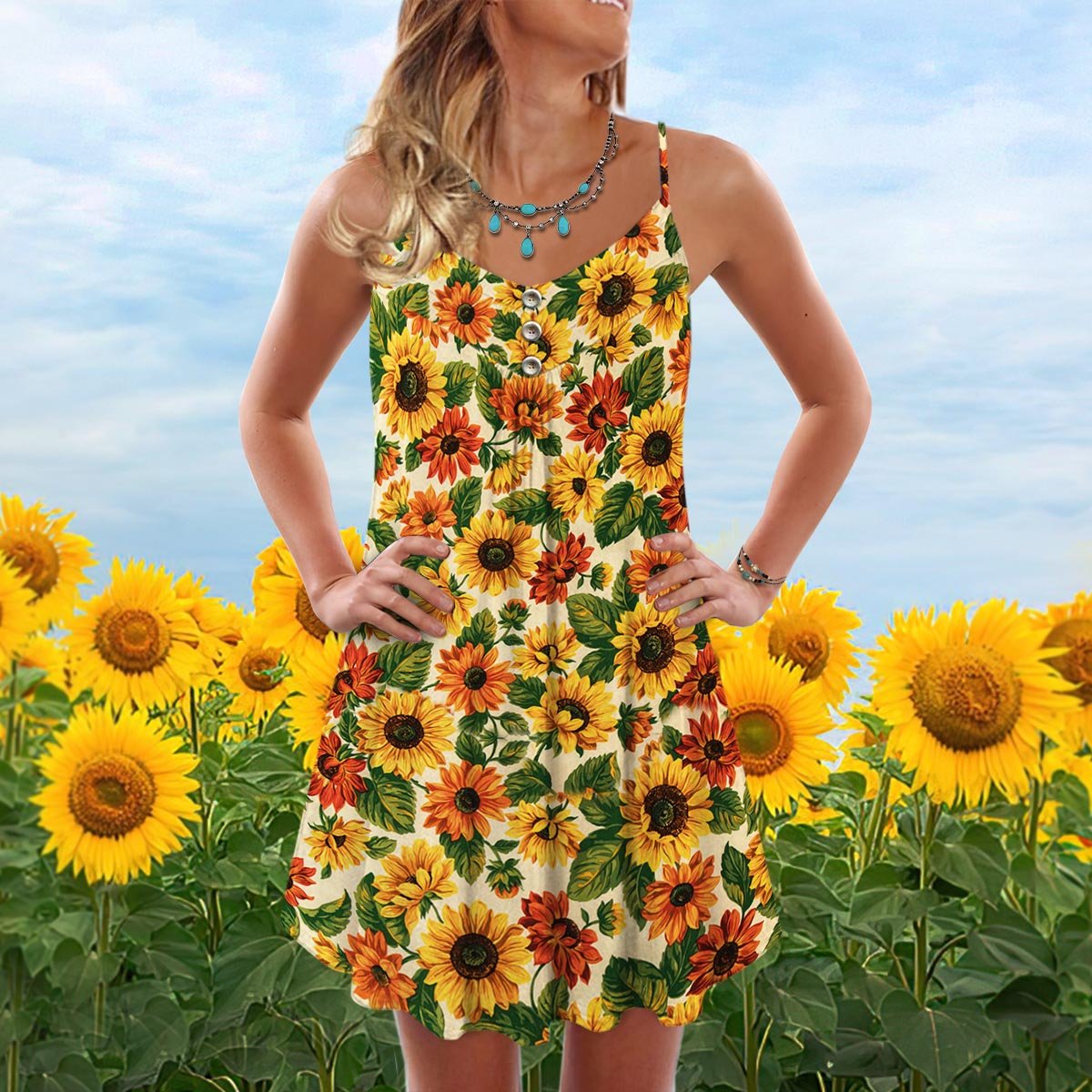Artistic Sunflower V-Neck Sleeveless Cami Dress For Summer Events And Colorful Daily Fashion