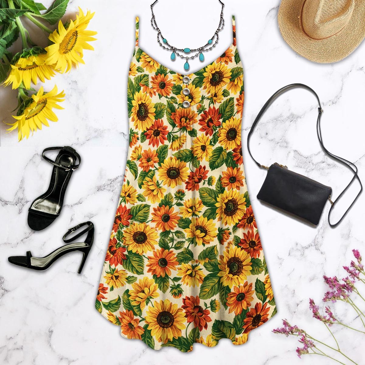 Artistic Sunflower V-Neck Sleeveless Cami Dress For Summer Events And Colorful Daily Fashion
