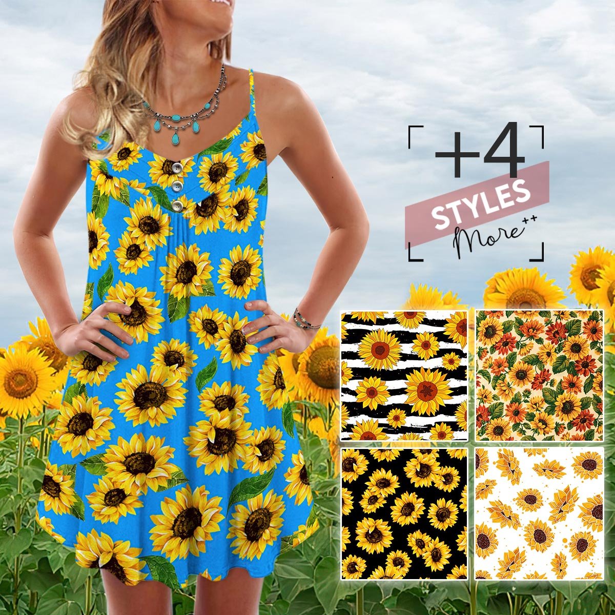 Sunflower V-Neck Sleeveless Cami Dress For Travel And Comfortable Botanical Styling