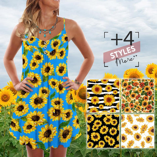 Sunflower V-Neck Sleeveless Cami Dress For Travel And Comfortable Botanical Styling