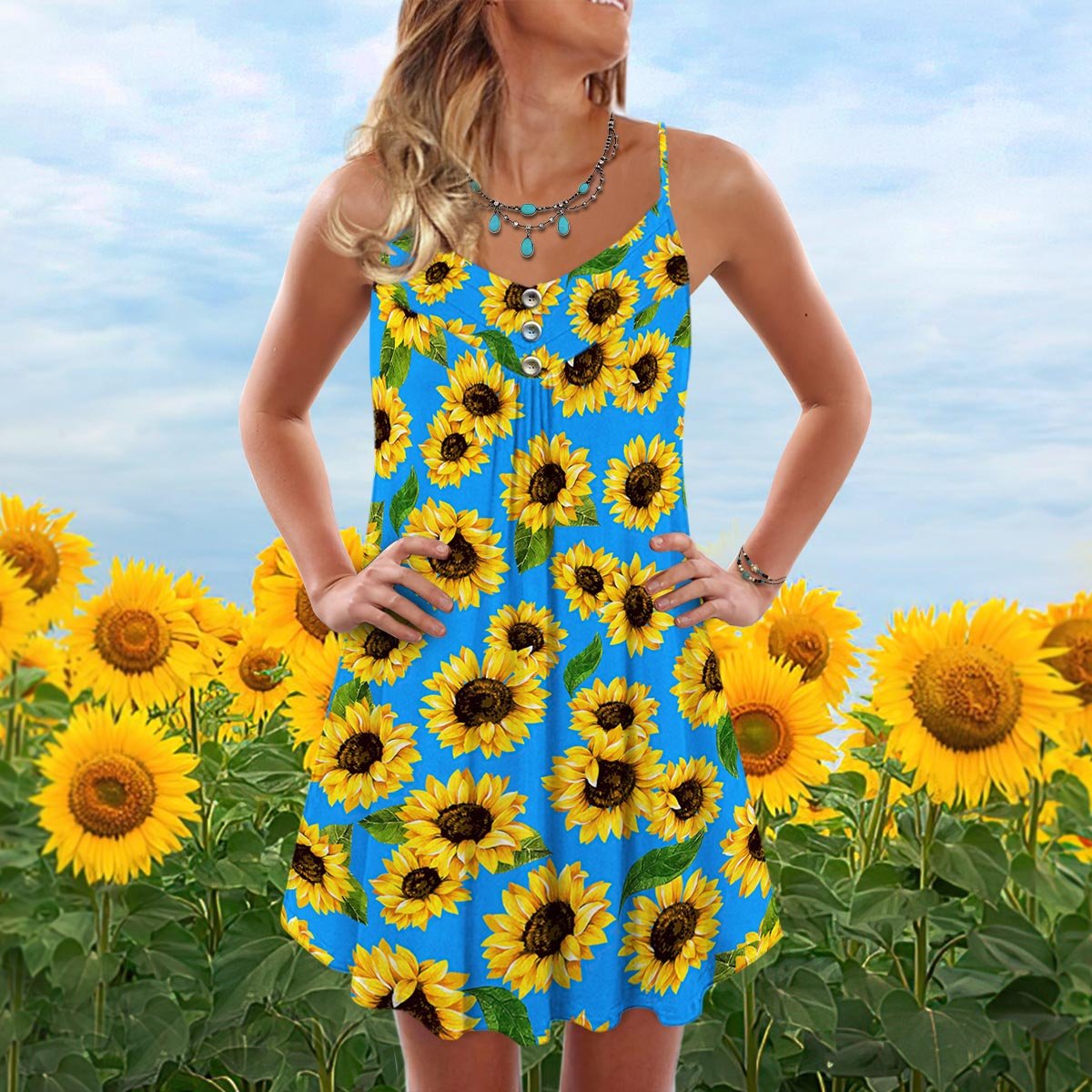 Sunflower V-Neck Sleeveless Cami Dress For Travel And Comfortable Botanical Styling
