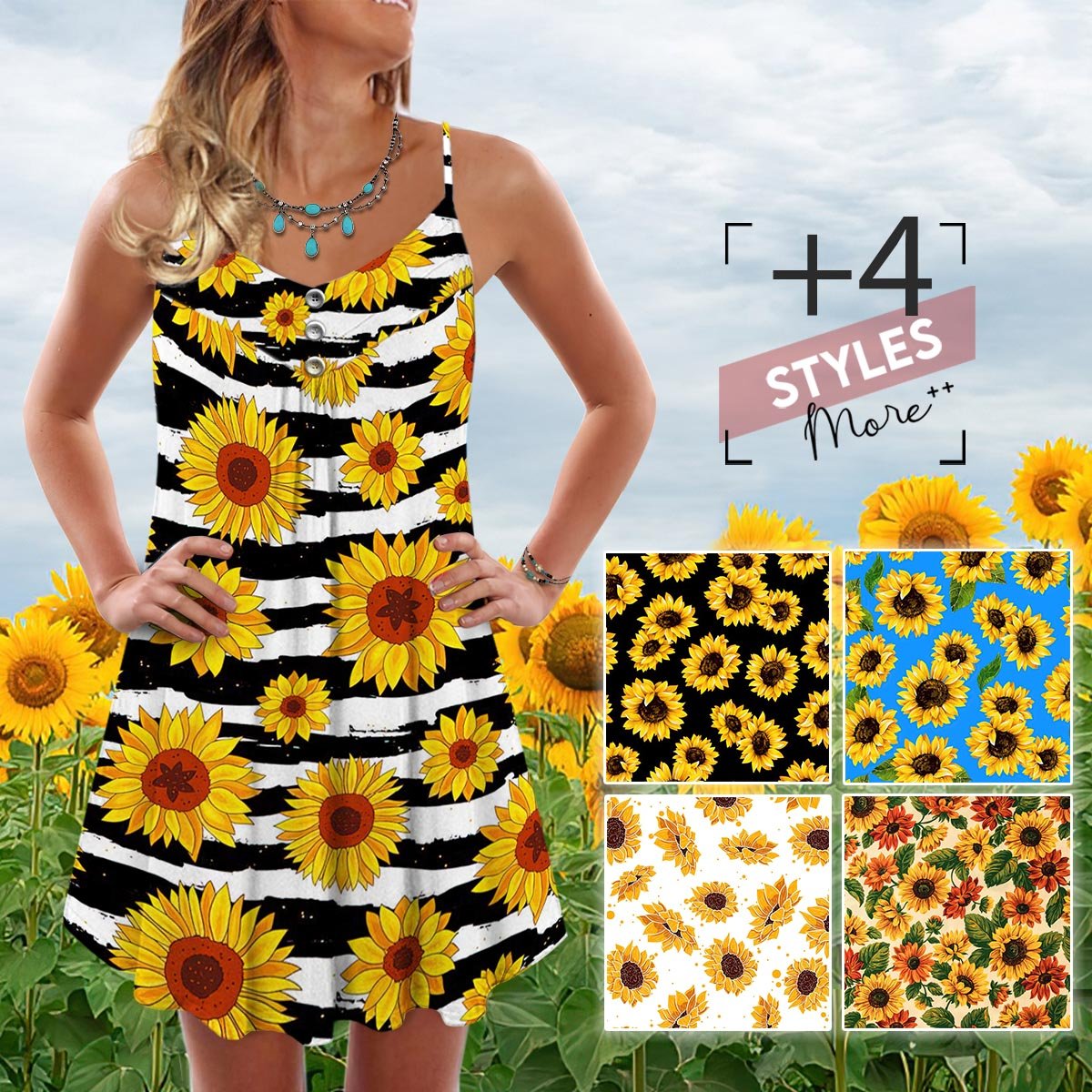 Sunflower V-Neck Sleeveless Cami Dress For Nature Lovers And Thoughtful Gifting