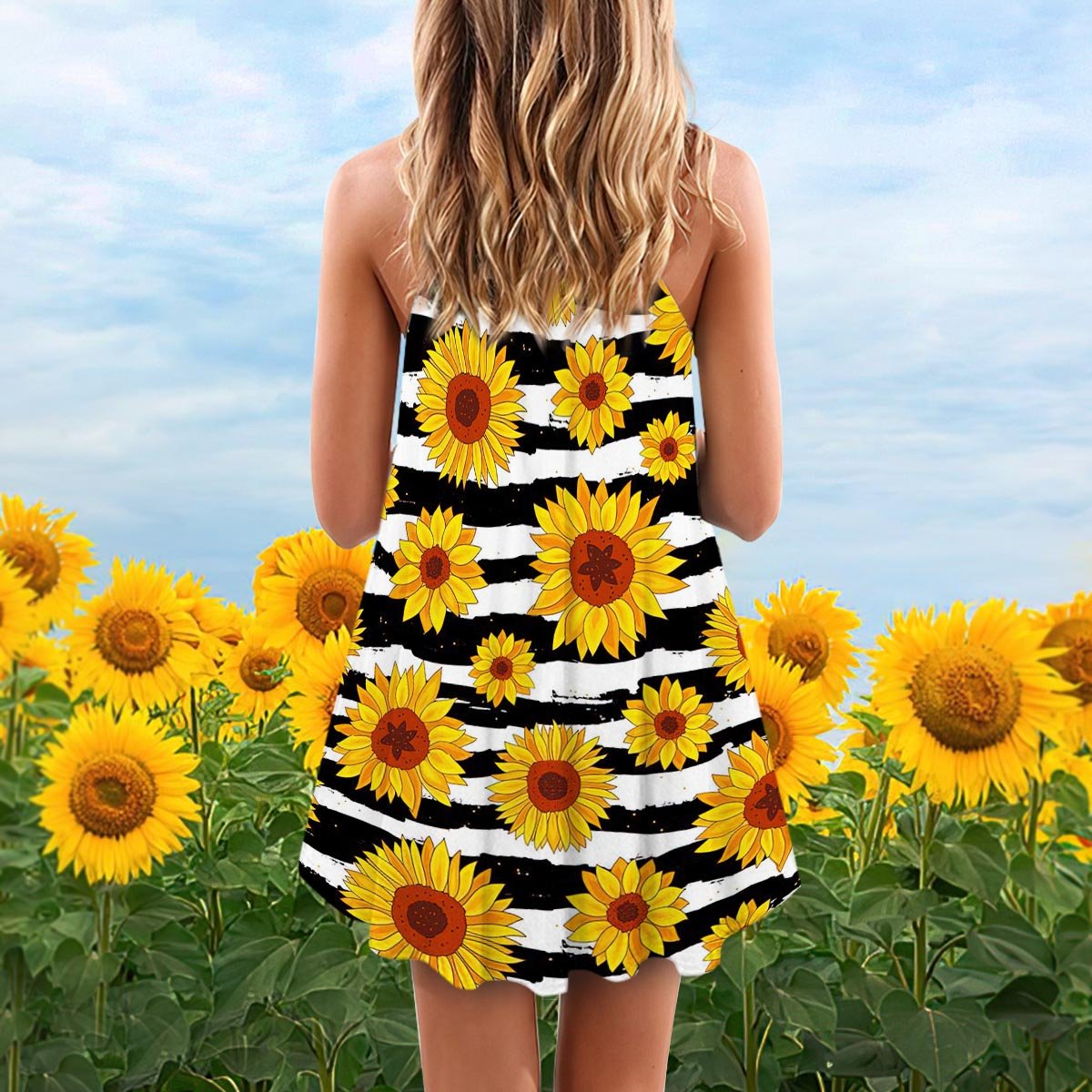 Sunflower V-Neck Sleeveless Cami Dress For Garden Parties And Relaxed Summer Wear