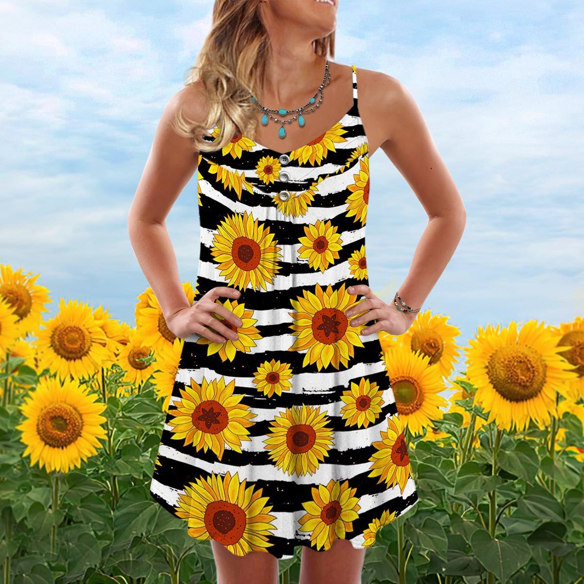 Sunflower V-Neck Sleeveless Cami Dress For Garden Parties And Relaxed Summer Wear