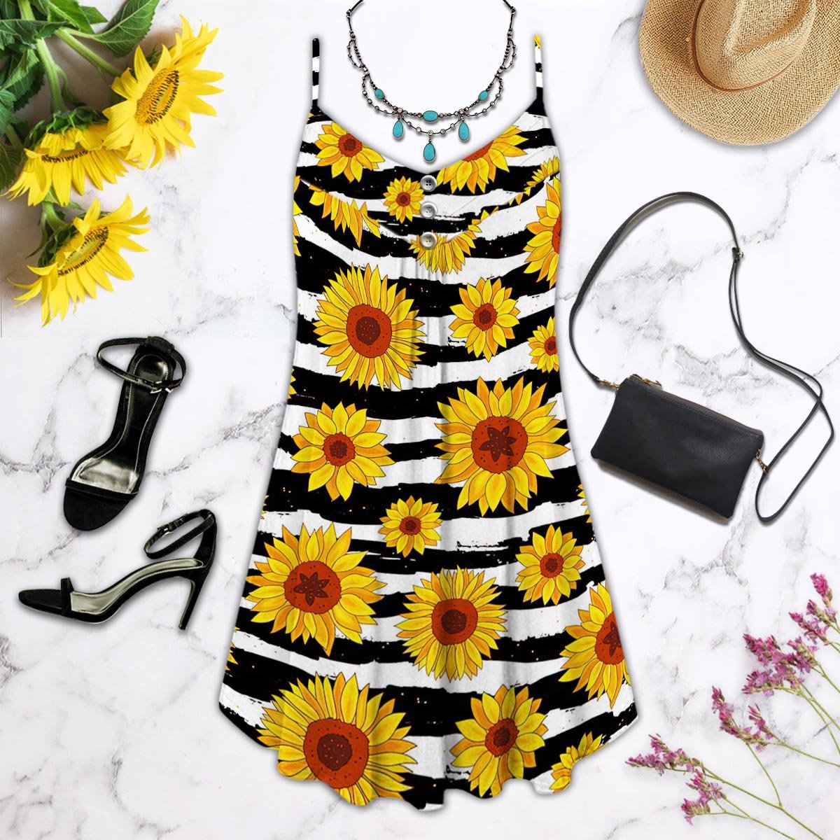 Sunflower V-Neck Sleeveless Cami Dress For Garden Parties And Relaxed Summer Wear