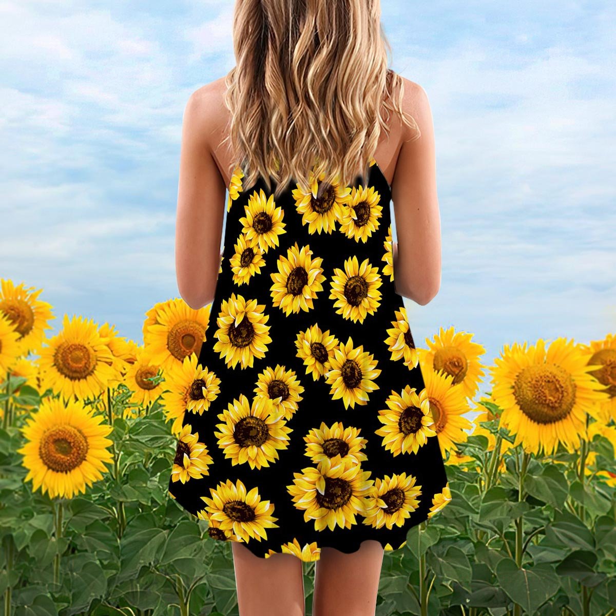 Artistic Sunflower V-Neck Sleeveless Cami Dress For Garden Parties And Relaxed Summer Wear