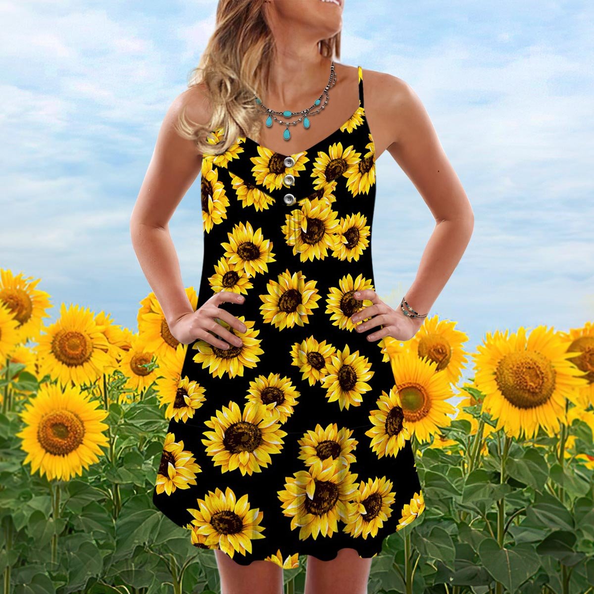 Artistic Sunflower V-Neck Sleeveless Cami Dress For Garden Parties And Relaxed Summer Wear