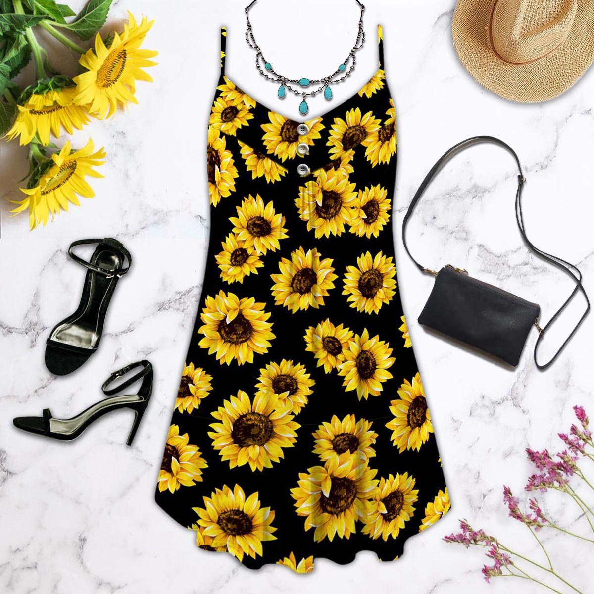 Artistic Sunflower V-Neck Sleeveless Cami Dress For Garden Parties And Relaxed Summer Wear