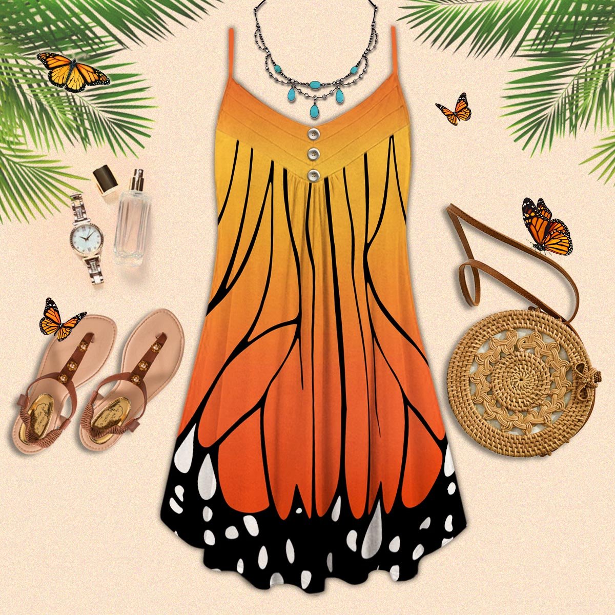 Monarch Butterfly V-Neck Sleeveless Cami Dress For Garden Parties And Relaxed Summer Wear