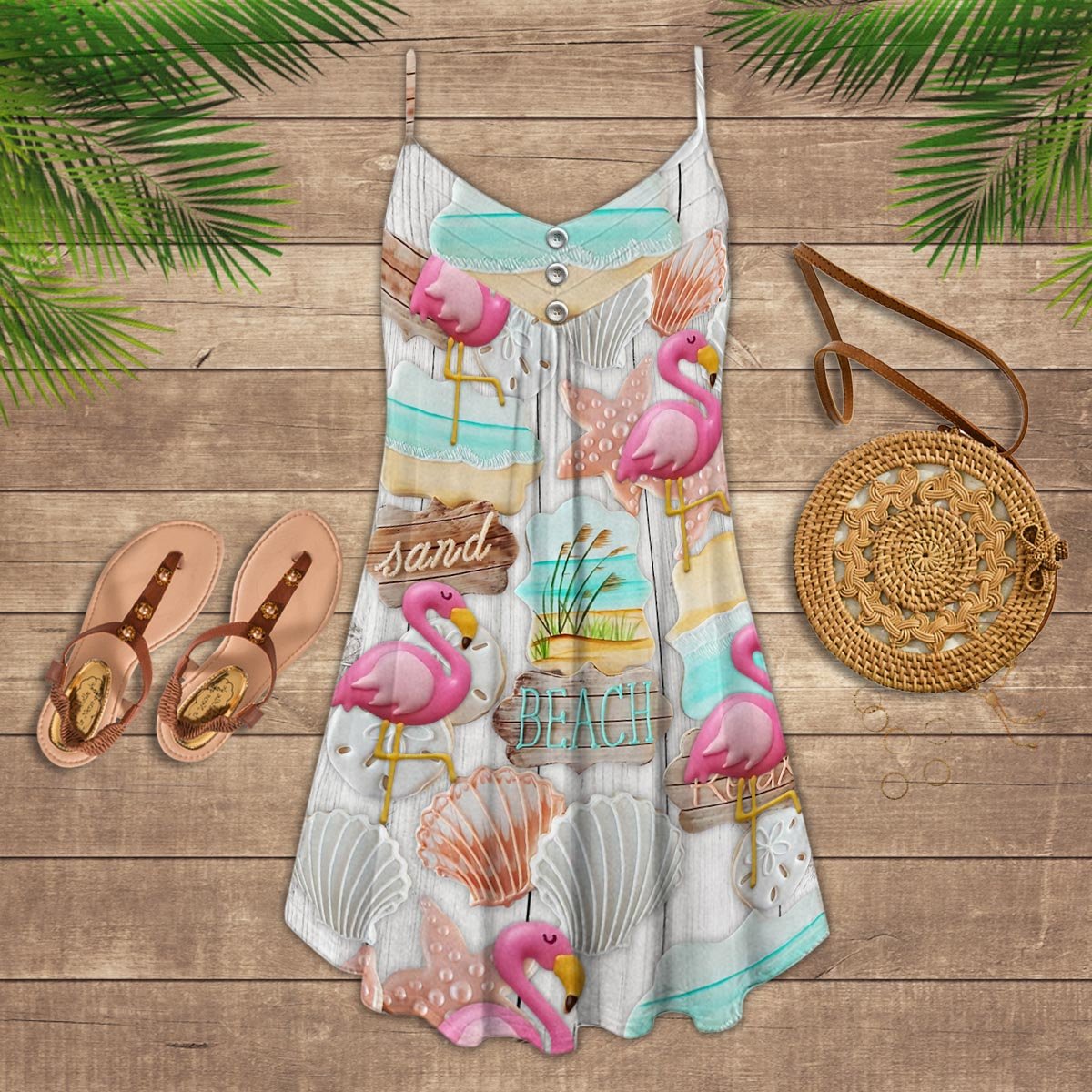 Flamingo Beach V-Neck Sleeveless Cami Dress For Coastal Travel And Relaxed Summer Wear