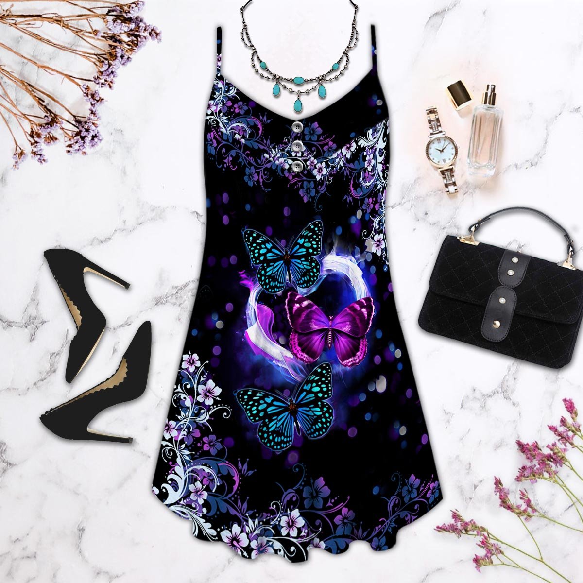 Artistic Butterfly V-Neck Sleeveless Cami Dress For Floral Vacations And Casual Everyday Style