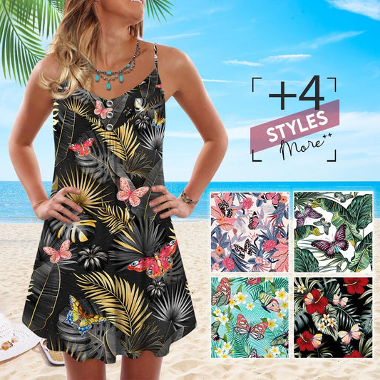 Butterfly Tropical Pattern Spaghetti Strap Dress – Women's Summer Sleeveless V-Neck Camisole Dress