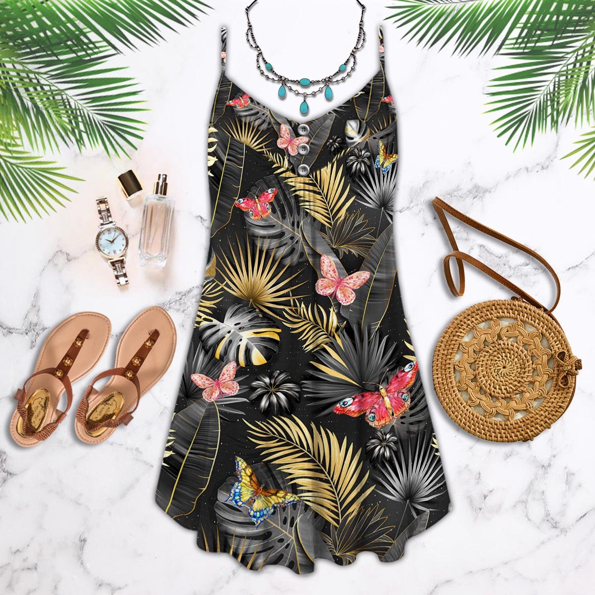 Butterfly Tropical V-Neck Sleeveless Cami Dress For Coastal Travel And Relaxed Summer Wear