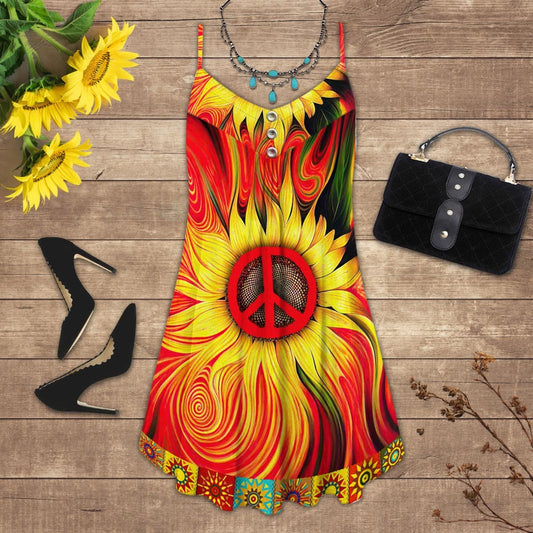 Hippie Sunflower V-Neck Sleeveless Cami Dress For Boho Festivals And Relaxed Summer Style
