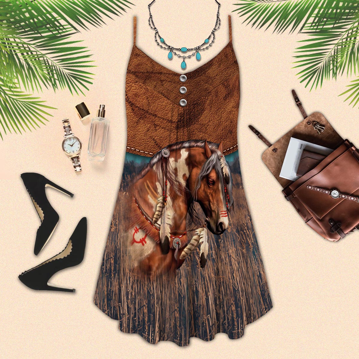 Horse Leather V-Neck Sleeveless Cami Dress For Outdoor Events And Thoughtful Gifting
