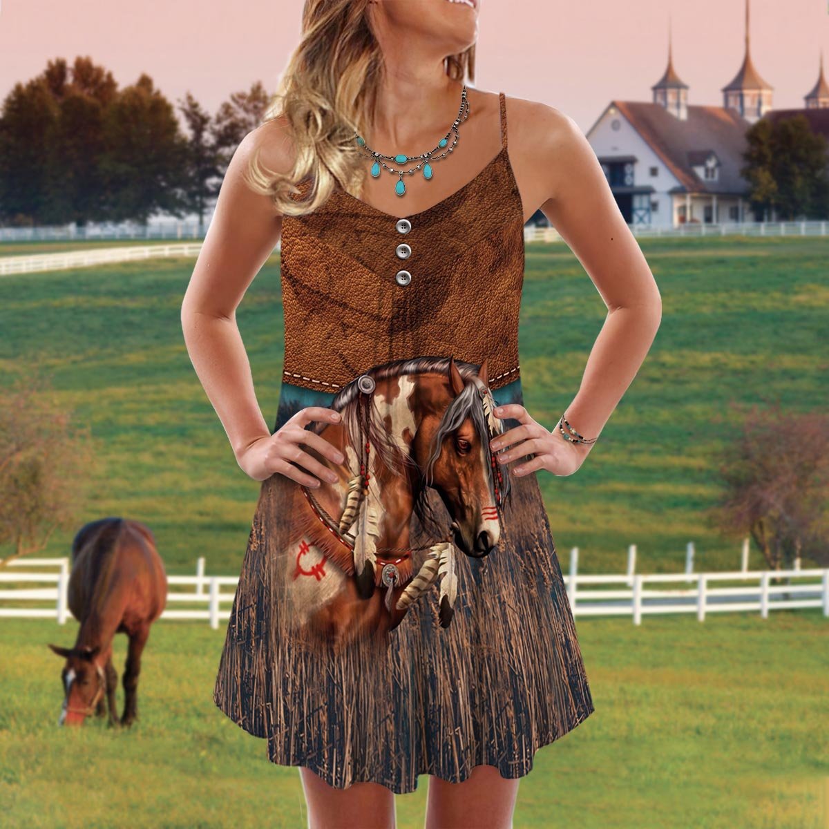 Horse Leather V-Neck Sleeveless Cami Dress For Outdoor Events And Thoughtful Gifting