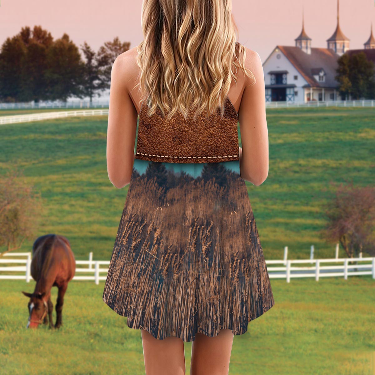 Horse Leather V-Neck Sleeveless Cami Dress For Vacations And Playful Everyday Style