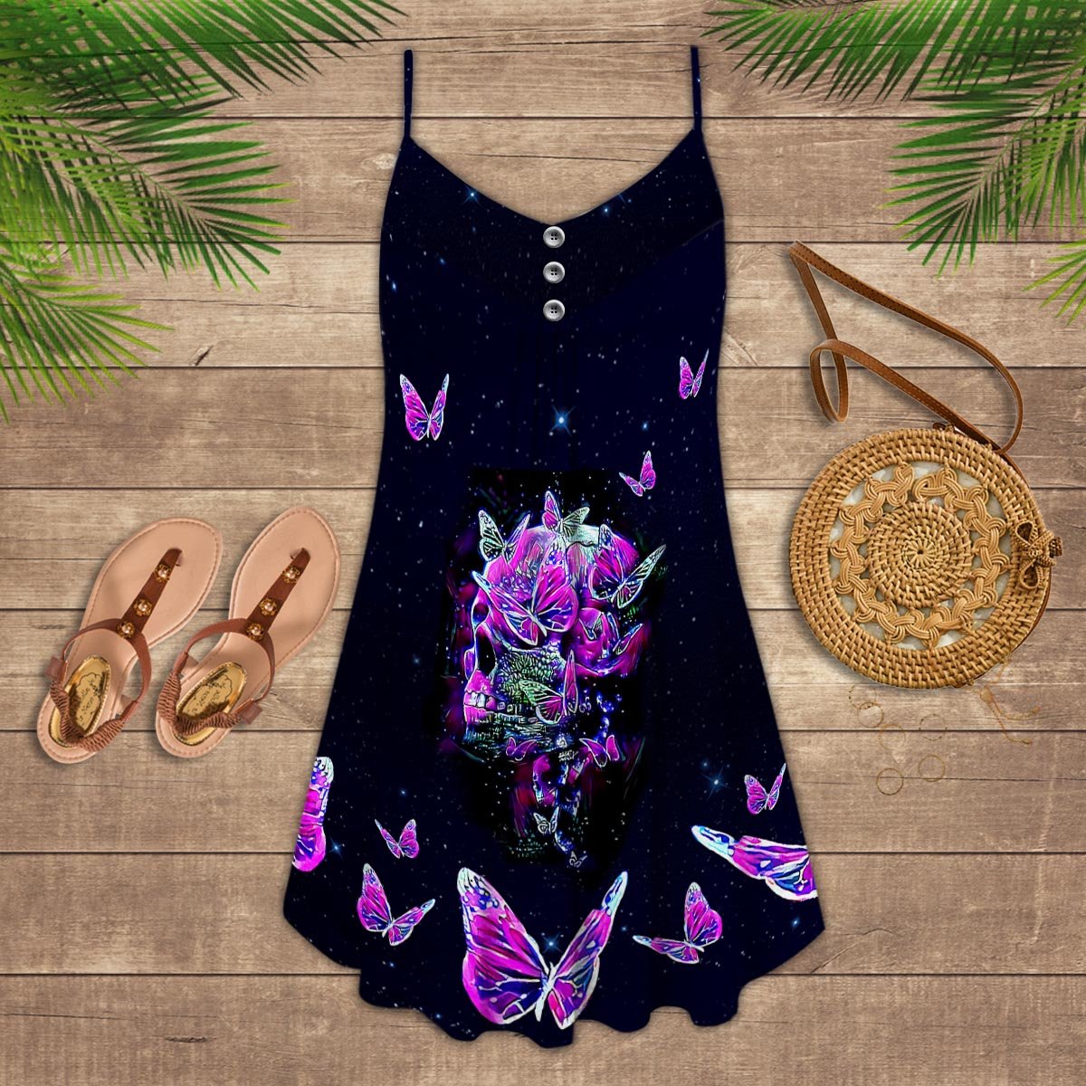 Skull Butterfly V-Neck Sleeveless Cami Dress For Travel And Expressive Warm Weather Fashion