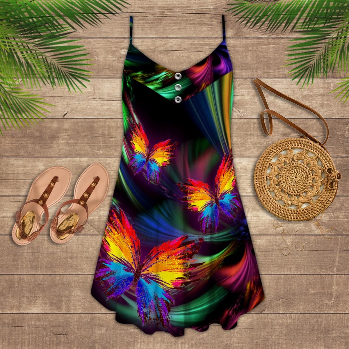 Butterfly Colorful Your Life V-Neck Sleeveless Cami Dress For Floral Vacations And Casual Everyday Style