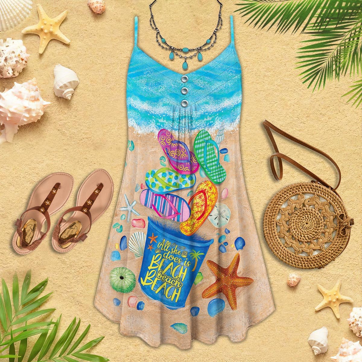 Beach Flip Flop Starfish V-Neck Sleeveless Cami Dress For Tropical Parties And Casual Everyday Style