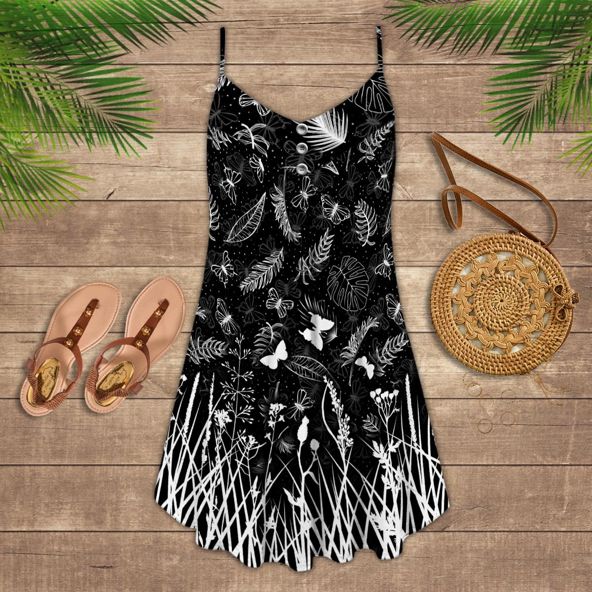 Butterfly Black And White V-Neck Sleeveless Cami Dress For Garden Parties And Relaxed Summer Wear