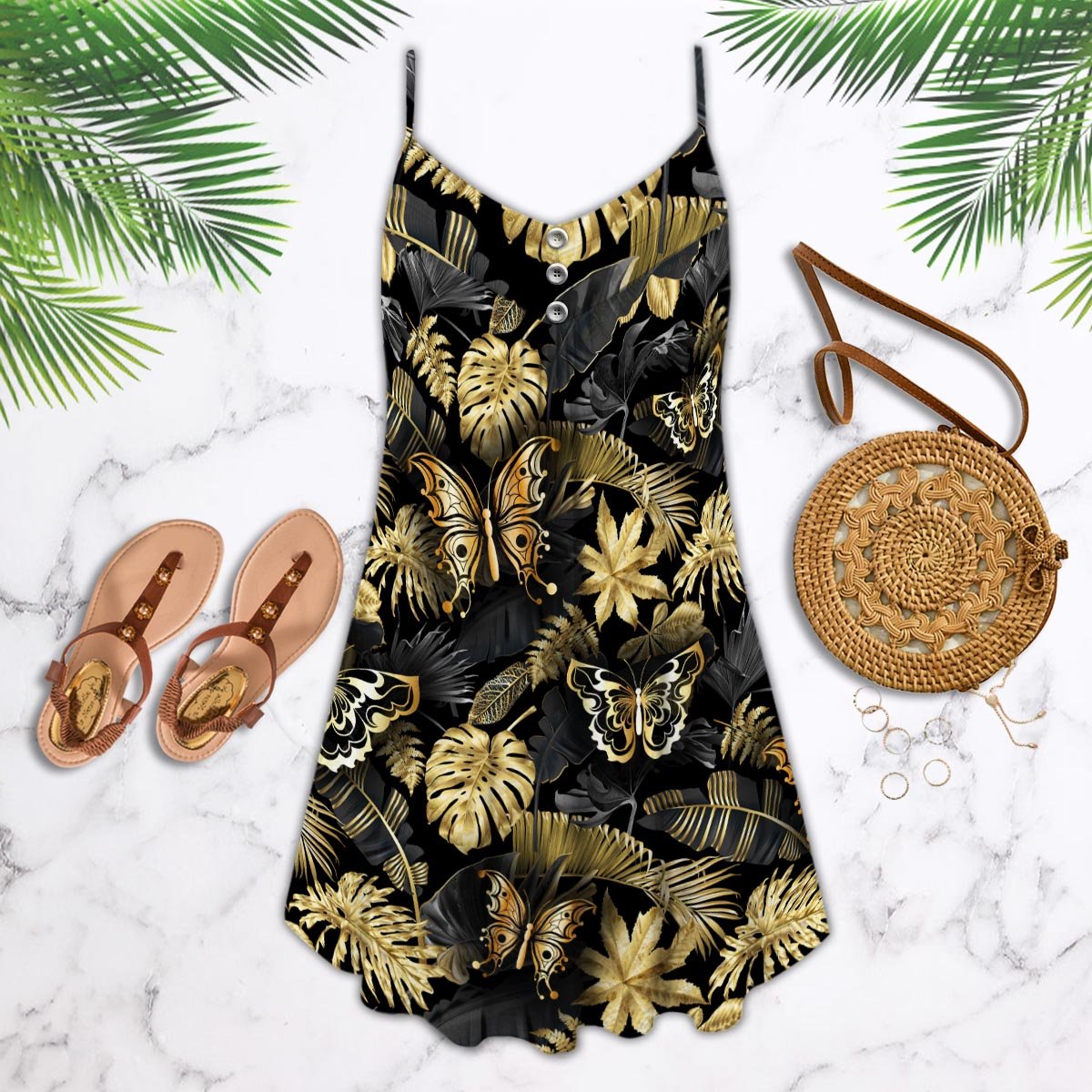 Butterfly Tropical V-Neck Sleeveless Cami Dress For Tropical Parties And Casual Everyday Style