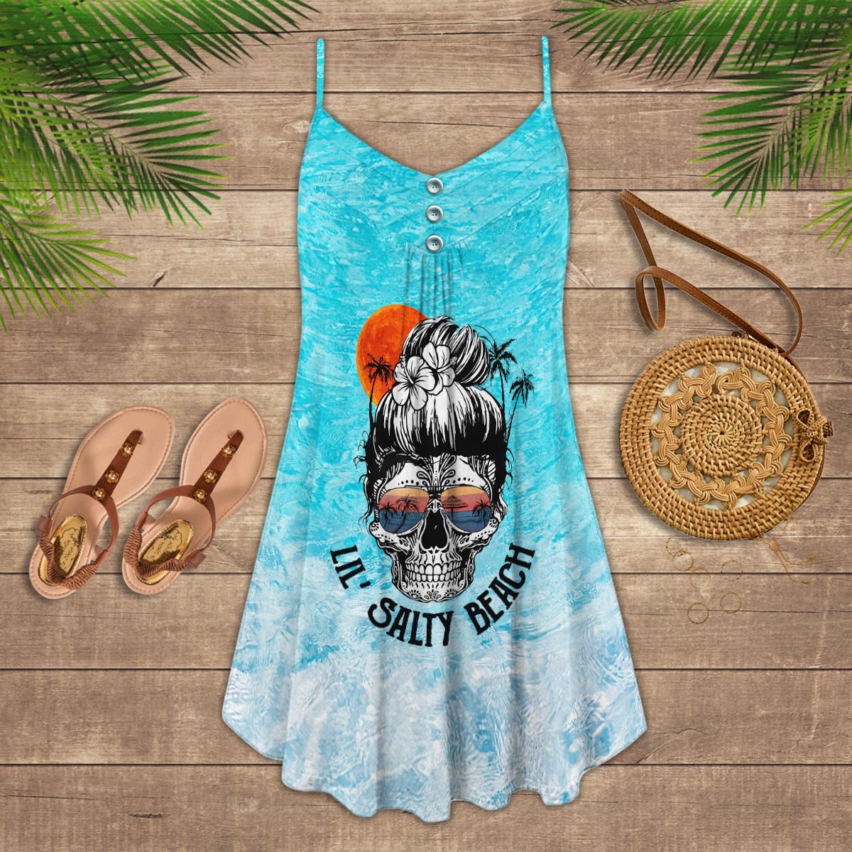 Skull Salty Beach V-Neck Sleeveless Cami Dress For Dark Art Lovers And Thoughtful Gifting