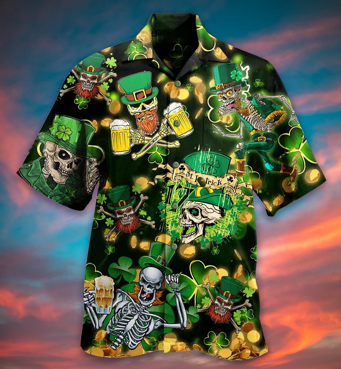 Green Skull Irish Beer Hawaiian Shirt For Coastal Adventures And Warm Weather Wear