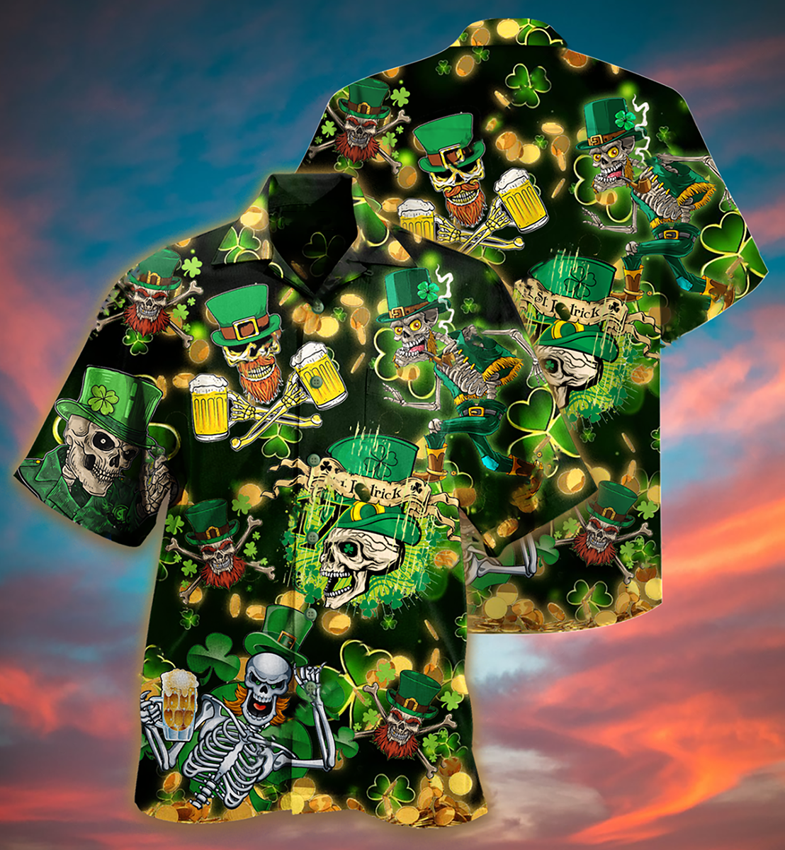 Green Skull Irish Beer Hawaiian Shirt Design View For Resort Travel And Thoughtful Gifting