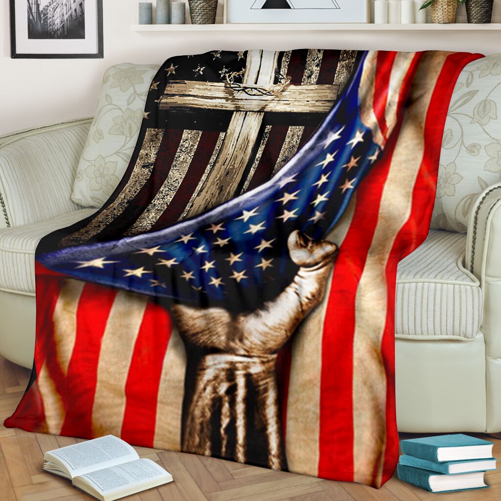 Jesus American Flag Christian Flannel Blanket For Cozy Bedroom Sofa Decor