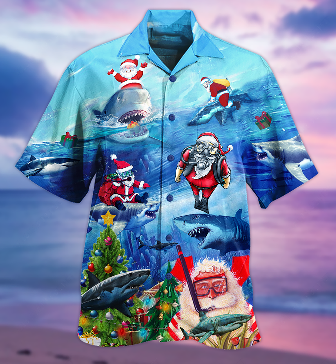 Blue Shark Santa Sea Hawaiian Shirt For Vacation Days And Relaxed Coastal Outings