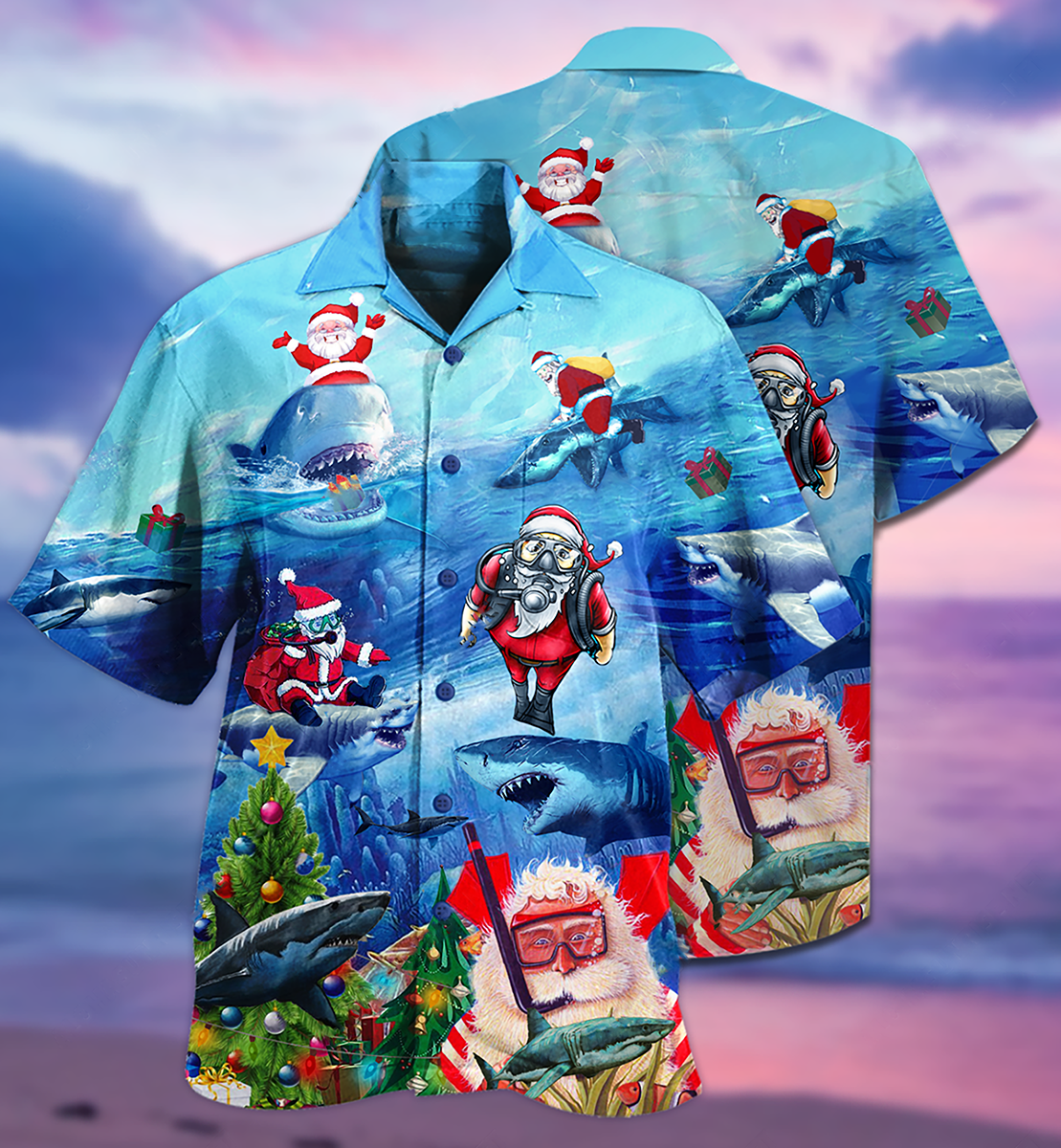 Blue Shark Santa Sea Hawaiian Shirt Artwork View For Weekend Travel And Beach Style